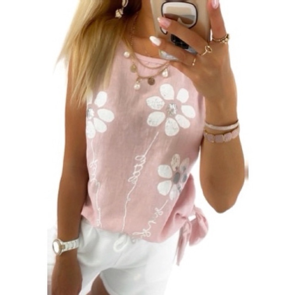 Pink Floral Sleeveless Top With Side Tie Summer Lightweight Daisy Sleeveless